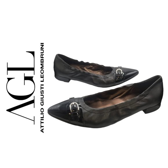 Attilio Giusti Leombruni AGL BLACK PATENT LEATHER Pointed-T Ballet Flats Size 38 - Picture 1 of 12